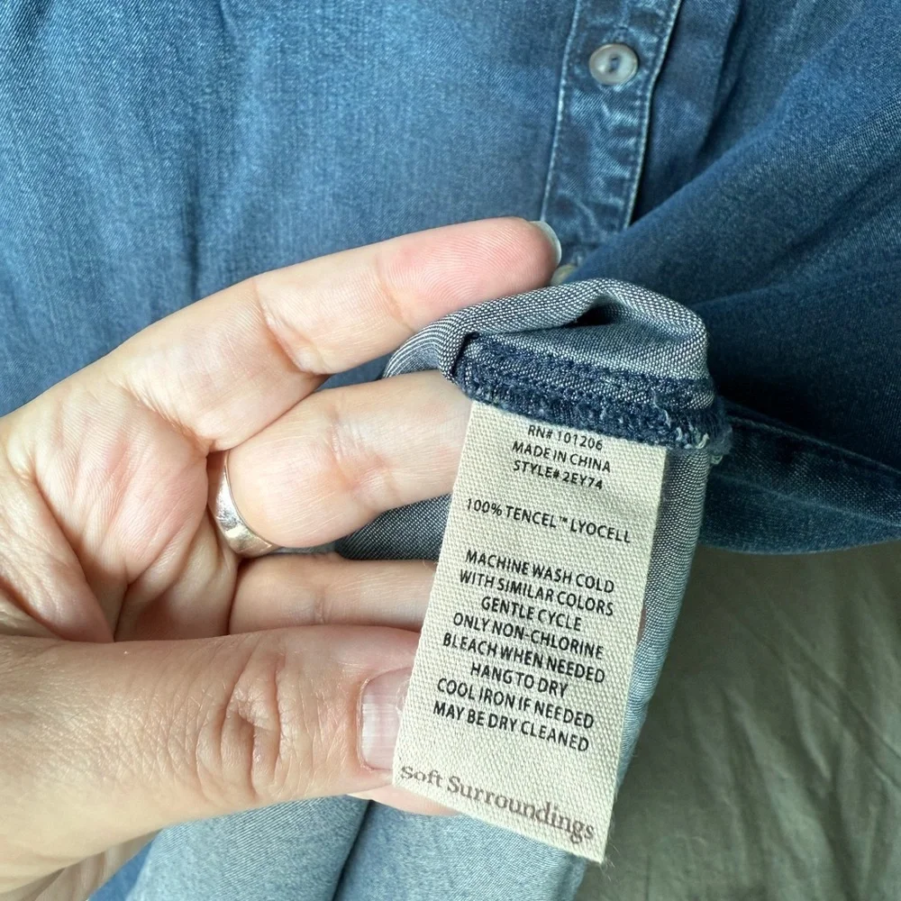 Soft Surroundings Denim Short Sleeve Button Shirt Dress Womens S Blue Midi Slit - Picture 9 of 14